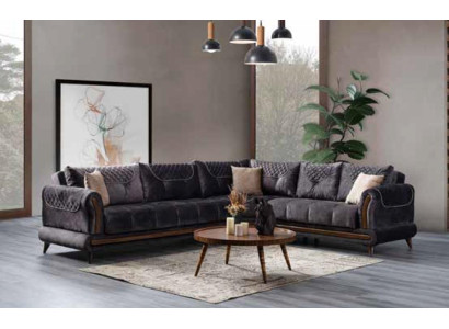 Sofá de esquina moderno y gris, mueble de tela cómodo en forma de L, nuevo.