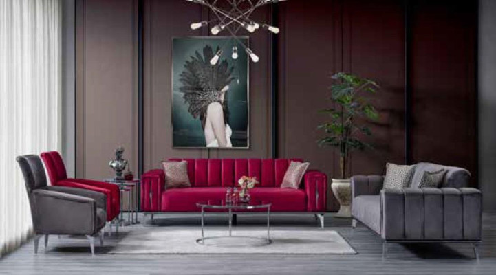 Sofá acolchado de lujo de 3 plazas en estilo moderno para sala de estar en rosa.