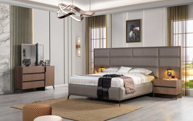 Cama doble gris-marrón, conjunto exclusivo de dormitorio con tocador y espejo, de 5 piezas.