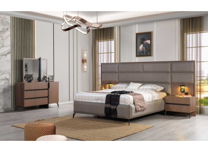 Cama doble gris-marrón, conjunto exclusivo de dormitorio con tocador y espejo, de 5 piezas.