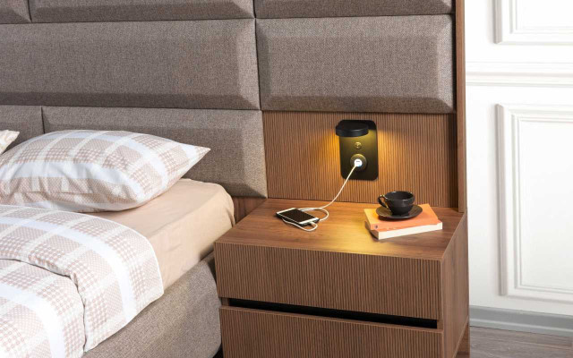 Cama doble gris-marrón, conjunto exclusivo de dormitorio con tocador y espejo, de 5 piezas.
