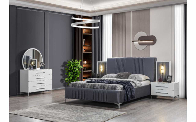 Elegante conjunto de dormitorio Cama doble gris Mesitas de noche de madera 5 piezas