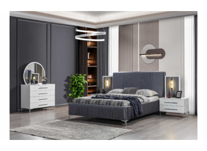 Elegante conjunto de dormitorio Cama doble gris Mesitas de noche de madera 5 piezas