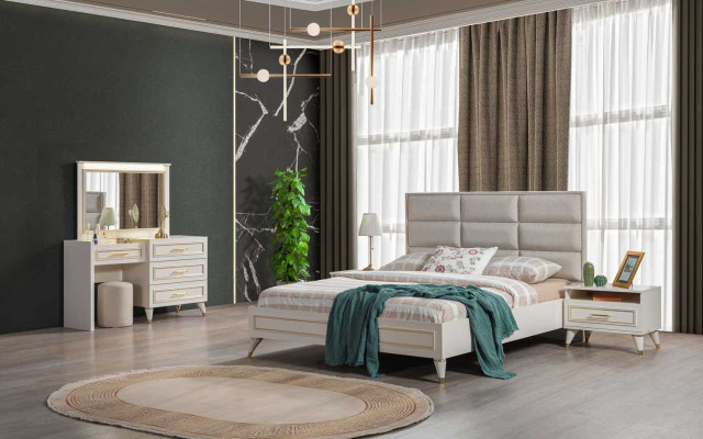 Gran conjunto de dormitorio con cama doble, tocador, taburete, espejo de 6 piezas.