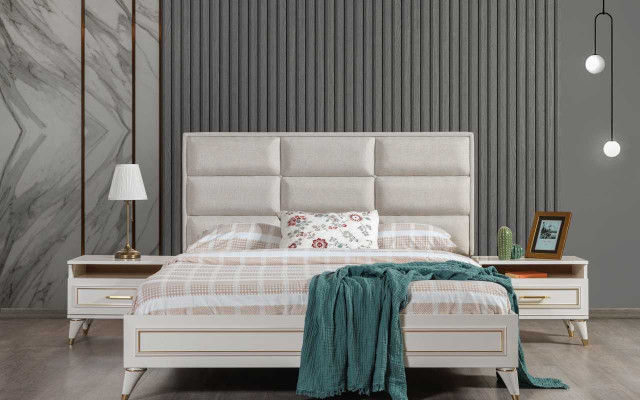 Gran conjunto de dormitorio con cama doble, tocador, taburete, espejo de 6 piezas.