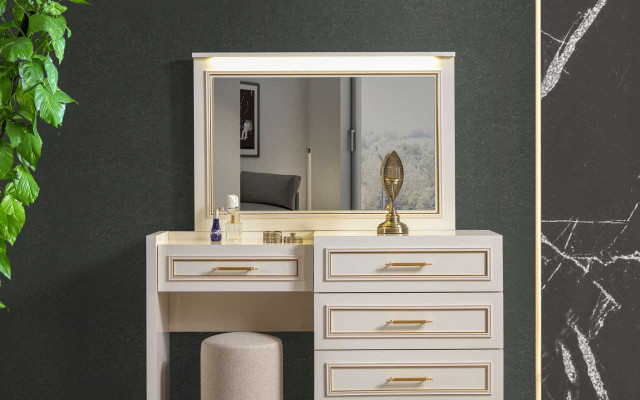 Gran conjunto de dormitorio con cama doble, tocador, taburete, espejo de 6 piezas.
