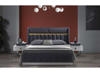 Conjunto de dormitorio completo Cama doble gris Mesitas de noche de madera de lujo
