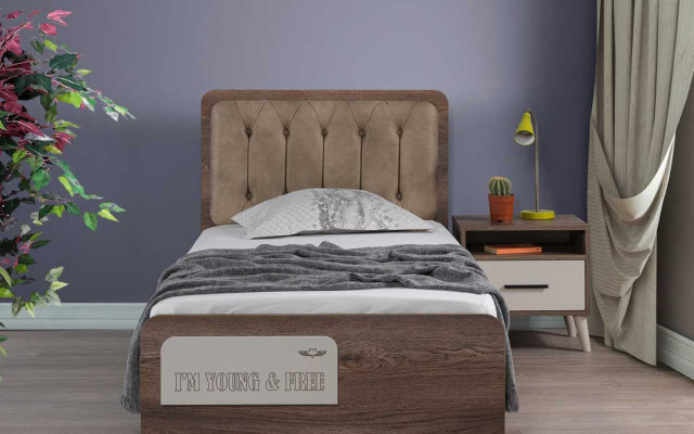 Habitación infantil marrón cama individual mesa de noche diseñador de madera conjunto de lujo de 2 piezas