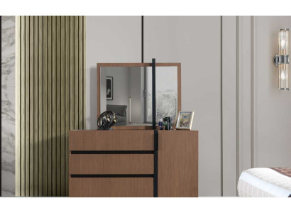 Moderno cómoda de dormitorio marrón con 3 cajones y 1 puerta de madera.