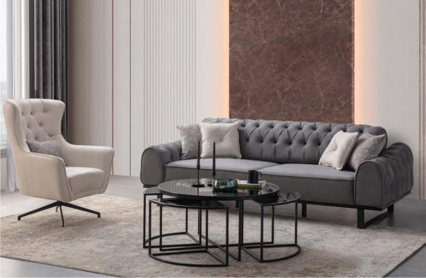Sofá de tres plazas Chesterfield gris, silla blanca de lujo con cojines, juego de 2 piezas.