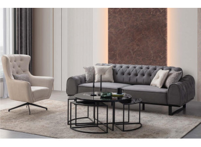 Sofá de tres plazas Chesterfield gris, silla blanca de lujo con cojines, juego de 2 piezas.