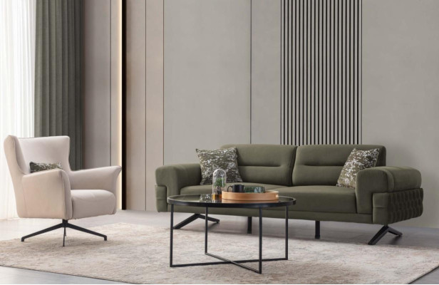 Conjunto de sala de estar verde y blanco. Exclusivo sillón de tres plazas.