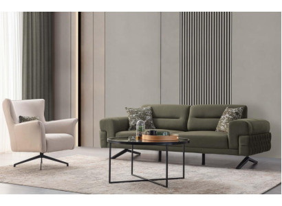 Conjunto de sala de estar verde y blanco. Exclusivo sillón de tres plazas.