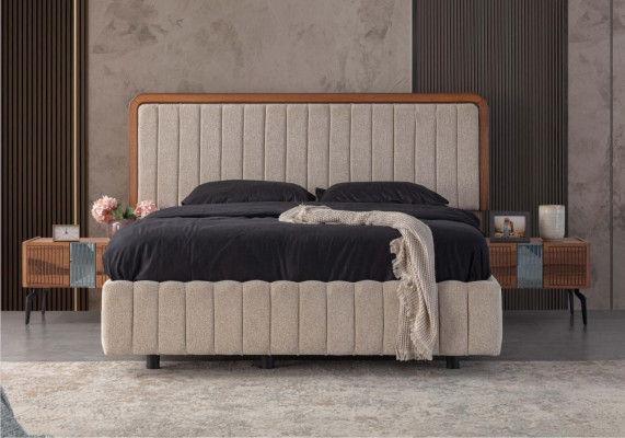 Elegante muebles de dormitorio Cama tapizada de lujo Mesitas de noche de madera.