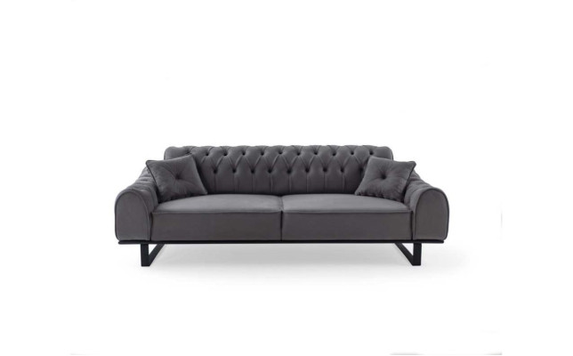 Sofá de diseñador de tres plazas Chesterfield gris elegante.