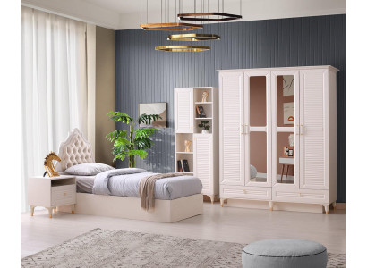 Juego de habitación juvenil de 4 piezas: cama, mesita de noche, armario, estantería, color beige liso.