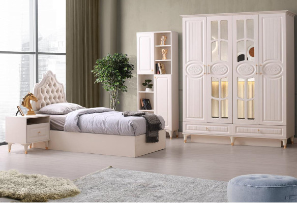 Juego de dormitorio juvenil de 4 piezas en beige moderno con cama, mesita de noche, armario y estantería.
