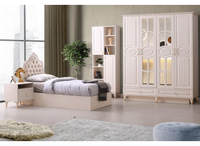 Juego de dormitorio juvenil de 4 piezas en beige moderno con cama, mesita de noche, armario y estantería.
