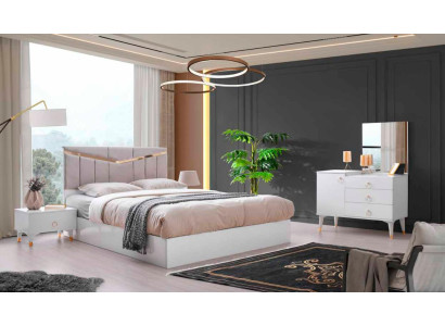 Conjunto de dormitorio de 4 piezas con cama de diseño moderno, tocador y 2 mesitas de noche.