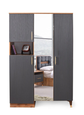 Armario con espejo gris unicolor de madera y cristal para habitación juvenil de diseño moderno.