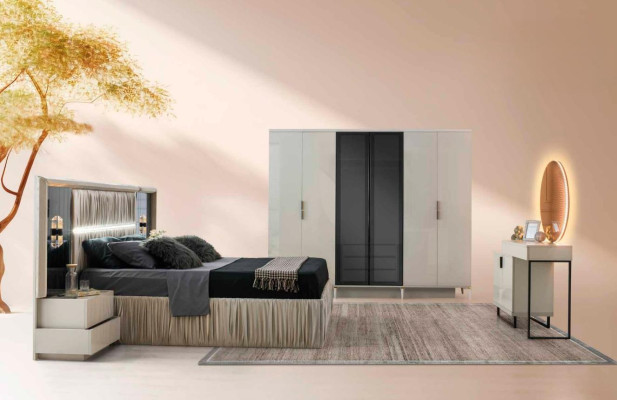 Juego de dormitorio de 5 piezas completo: cama, 2 mesitas de noche, armario, tocador.