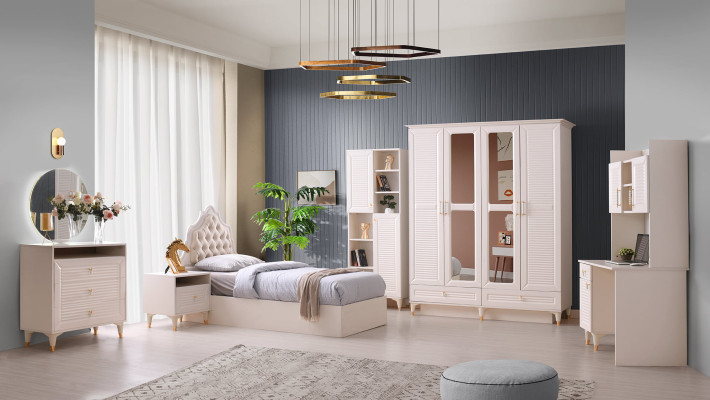 Habitación juvenil juego completo de 6 piezas beige cama almacenamiento escritorio diseño moderno