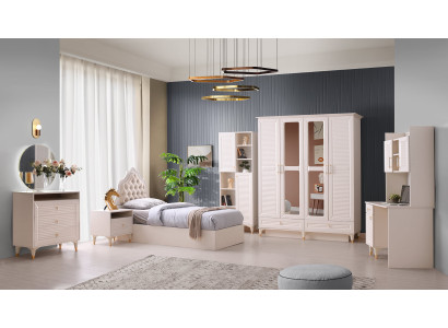 Habitación juvenil juego completo de 6 piezas beige cama almacenamiento escritorio diseño moderno