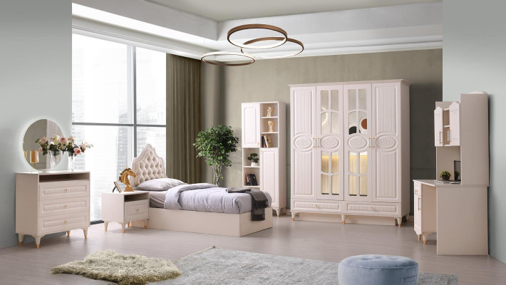 Juego de habitación juvenil de 6 piezas en beige, diseño moderno de patrón sólido para dormitorio.
