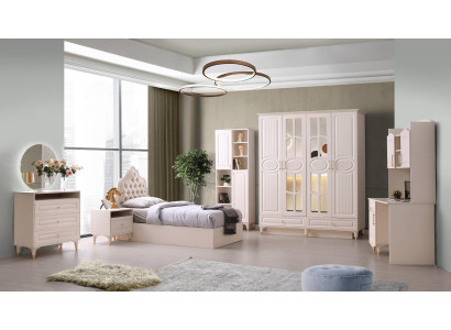 Juego de habitación juvenil de 6 piezas en beige, diseño moderno de patrón sólido para dormitorio.