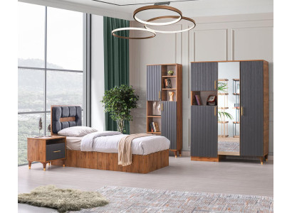 Juego de habitación juvenil de 4 piezas - Cama, mesita de noche, armario, estantería de libros en gris marrón.