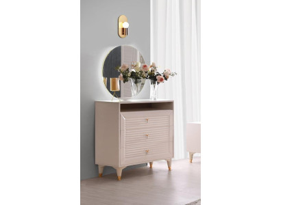 Cómoda moderna de color beige con espejo, cajones de color liso para dormitorio.