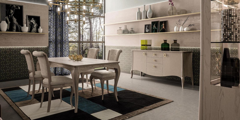 Conjunto clásico de comedor, mesa, silla, cómoda, conjunto de comedor, sillas 6 piezas.
