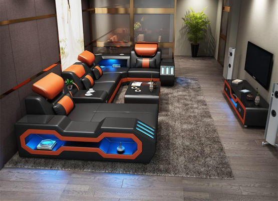 Sofá en forma de U + mesa de café + diseño de cómoda