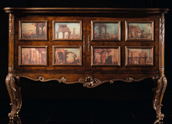 Magnífica vitrina bufé con ilustraciones de edificios arquitectónicos en las fachadas.