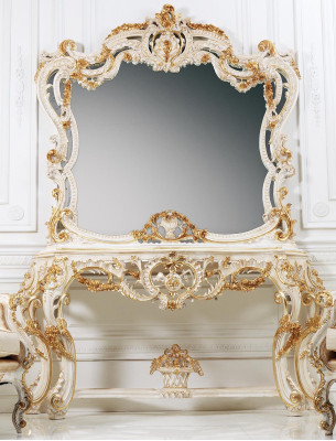 Espejo clásico, tocador, mesa de consola blanca de madera para muebles de dormitorio de 2 piezas.