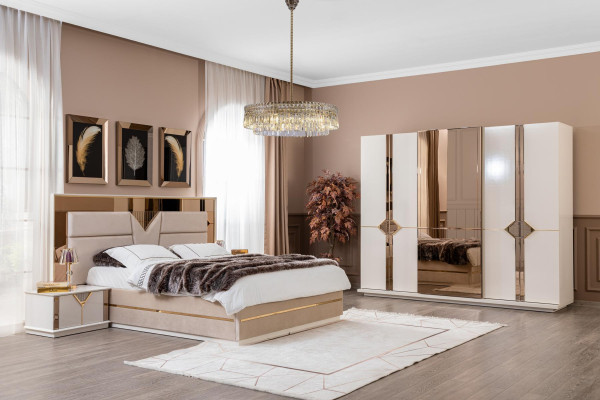 Set de dormitorio cama 2 mesitas de noche armario ropero 4 piezas muebles de lujo