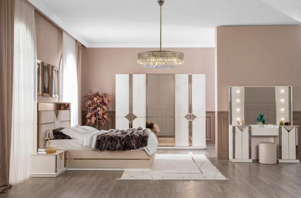 Set de dormitorio cama 2 mesitas de noche armario ropero 4 piezas muebles de lujo