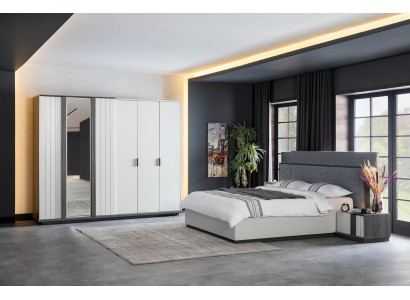 Set de dormitorio de diseñador moderno, mesitas de noche, cama, armario. 4 piezas. Nuevo. Color blanco.