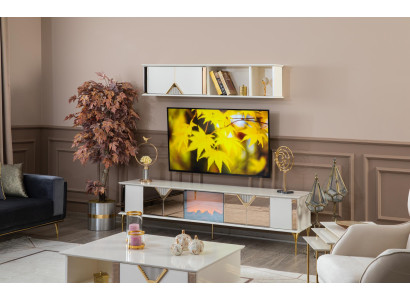 Muebles de salón, pared de TV, estantería de pared, madera, blanco, nuevo, moderno.