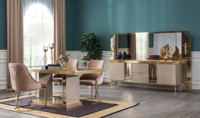 Conjunto de comedor buffet con espejo Diseño de lujo moderno Nuevo 2 piezas beige