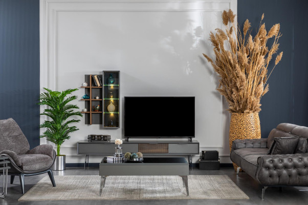 Mueble de pared gris, armario para salón, muebles de madera para televisión rtv, diseño de armarios.