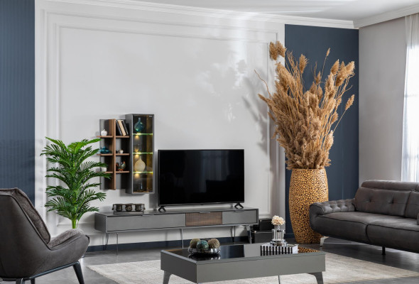 Mueble de pared gris, armario para salón, muebles de madera para televisión rtv, diseño de armarios.