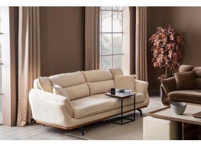 Sofá tapizado beige para el salón, de tres plazas, con tela de textil.