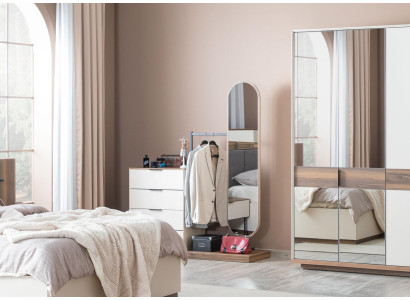 Cómoda de dormitorio con espejo de madera blanca moderna.