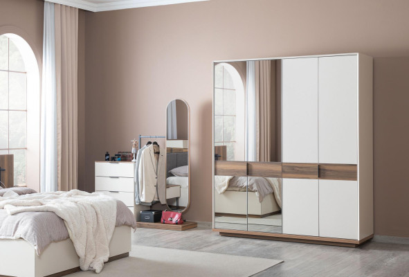 Cómoda de dormitorio con espejo de madera blanca moderna.