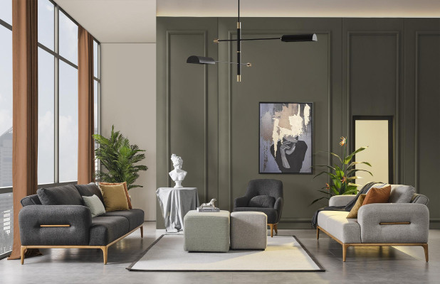 Silla diseño lujo tapizado lounge gris Sala de estar moderna Madera Textil