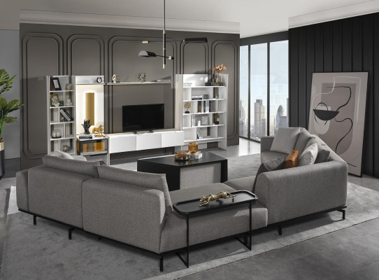 Sofá esquinero en forma de U para la sala de estar, sofá de tela nuevo diseño gris moderno de lujo.