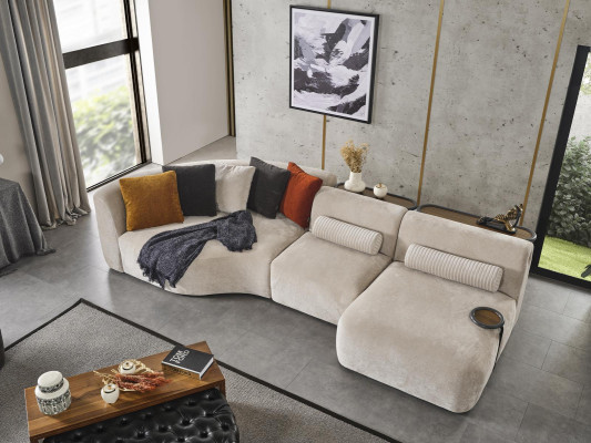 Sofá esquinero en forma de L, diseño de sofá de madera con tapizado textil nuevo, mueble blanco.