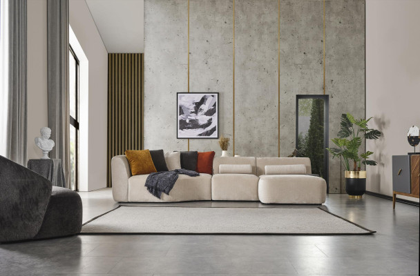 Sofá esquinero en forma de L, diseño de sofá de madera con tapizado textil nuevo, mueble blanco.
