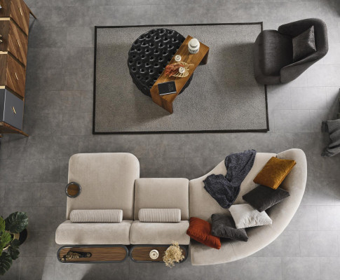 Sofá esquinero en forma de L, diseño de sofá de madera con tapizado textil nuevo, mueble blanco.